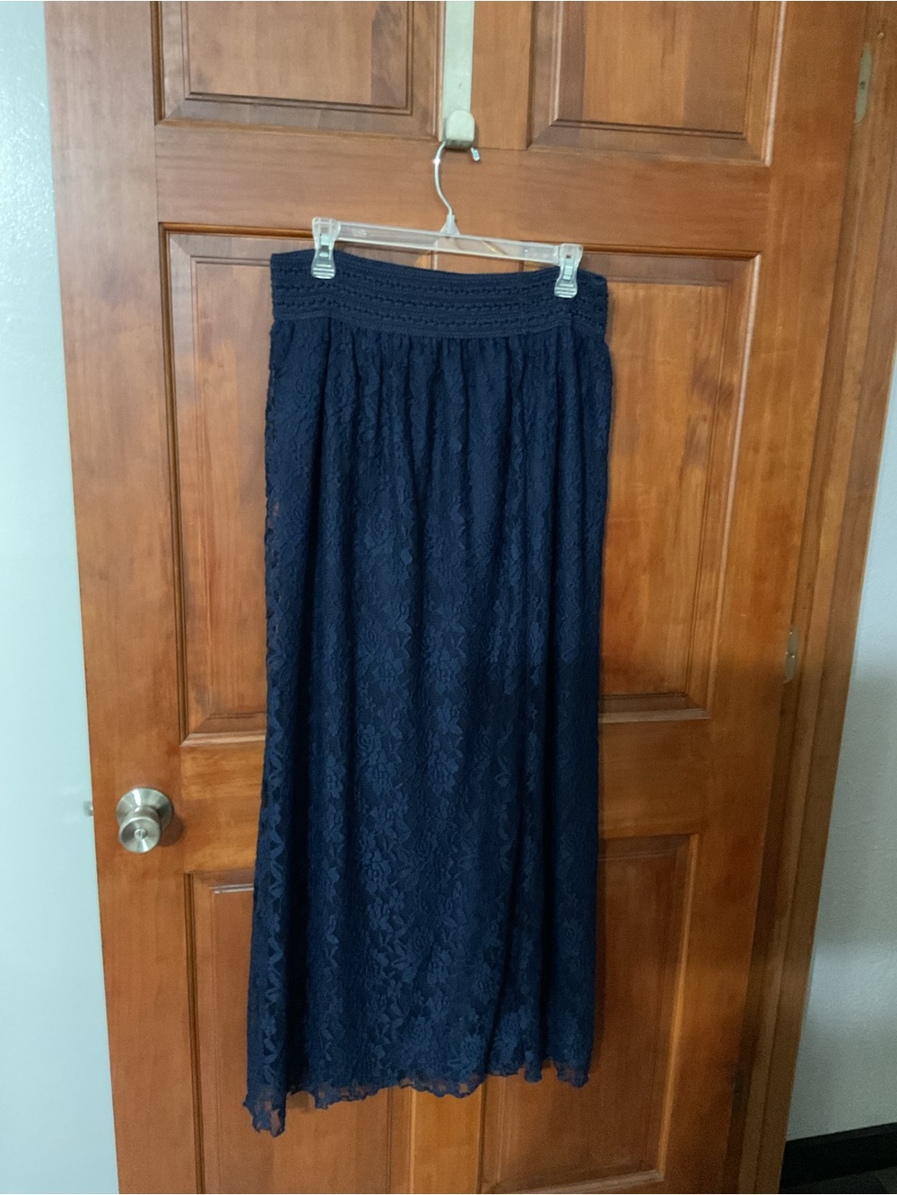 Lace Maxi Skirt in Navy with Elastic Waist